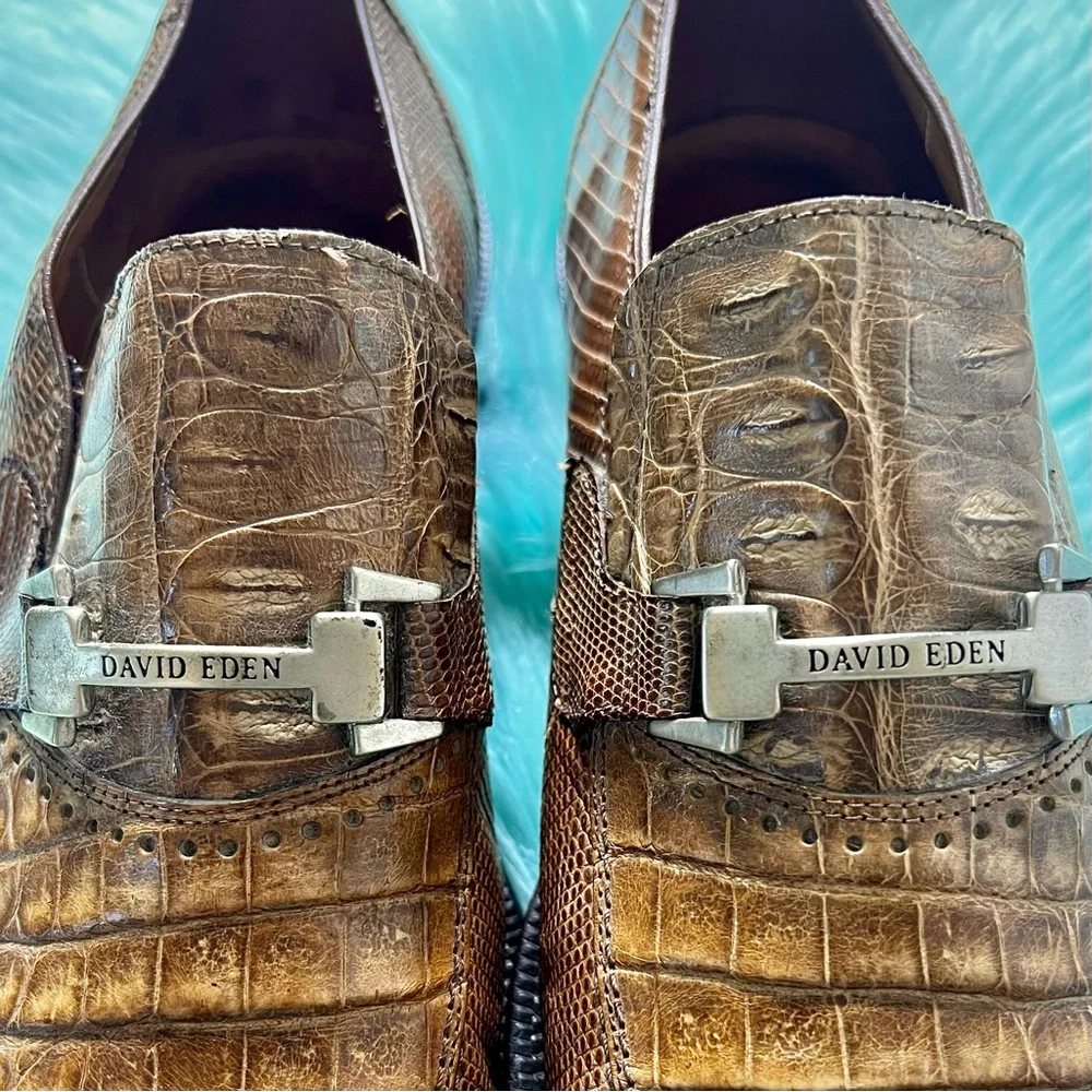 David Eden Genuine Crocodile Vintage Leather Golden Tan Oxford Loafer Men’s 10.5